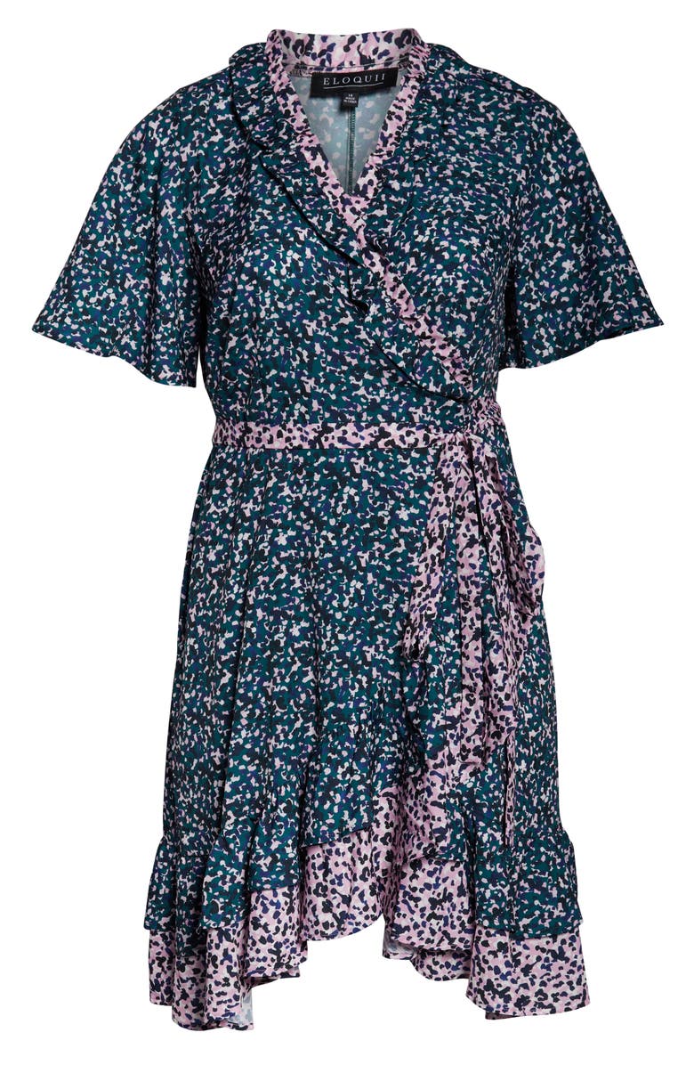 ELOQUII Contrast Ruffle Trim Wrap Dress, Alternate, color, 