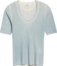 Chloé Pointelle Stitch Short Sleeve Merino Wool Blend Sweater