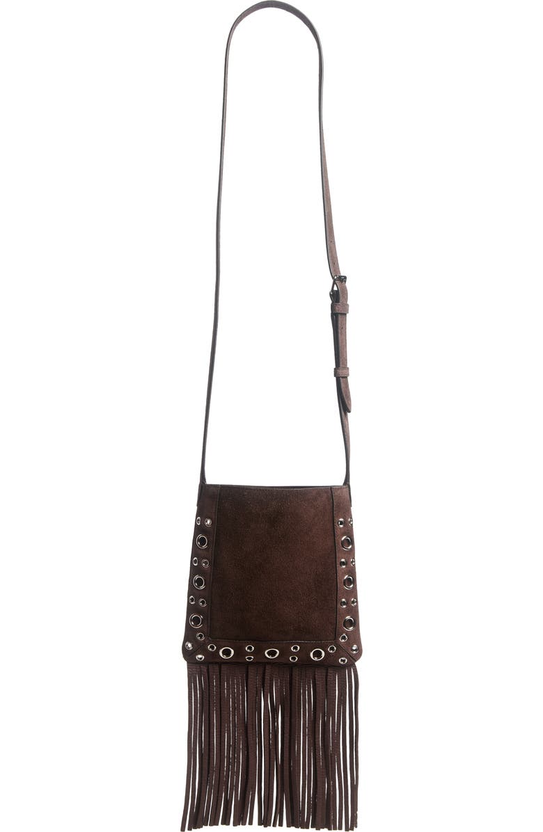 Valentino Garavani Small Nellcôte Fringe Stud Suede Crossbody Bag, Alternate, color, Brown