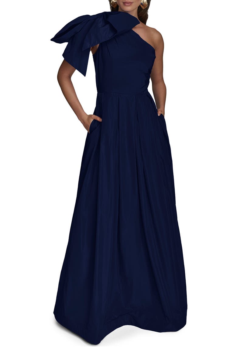 Bow One-Shoulder Gown, Main, color, NAVY NVY