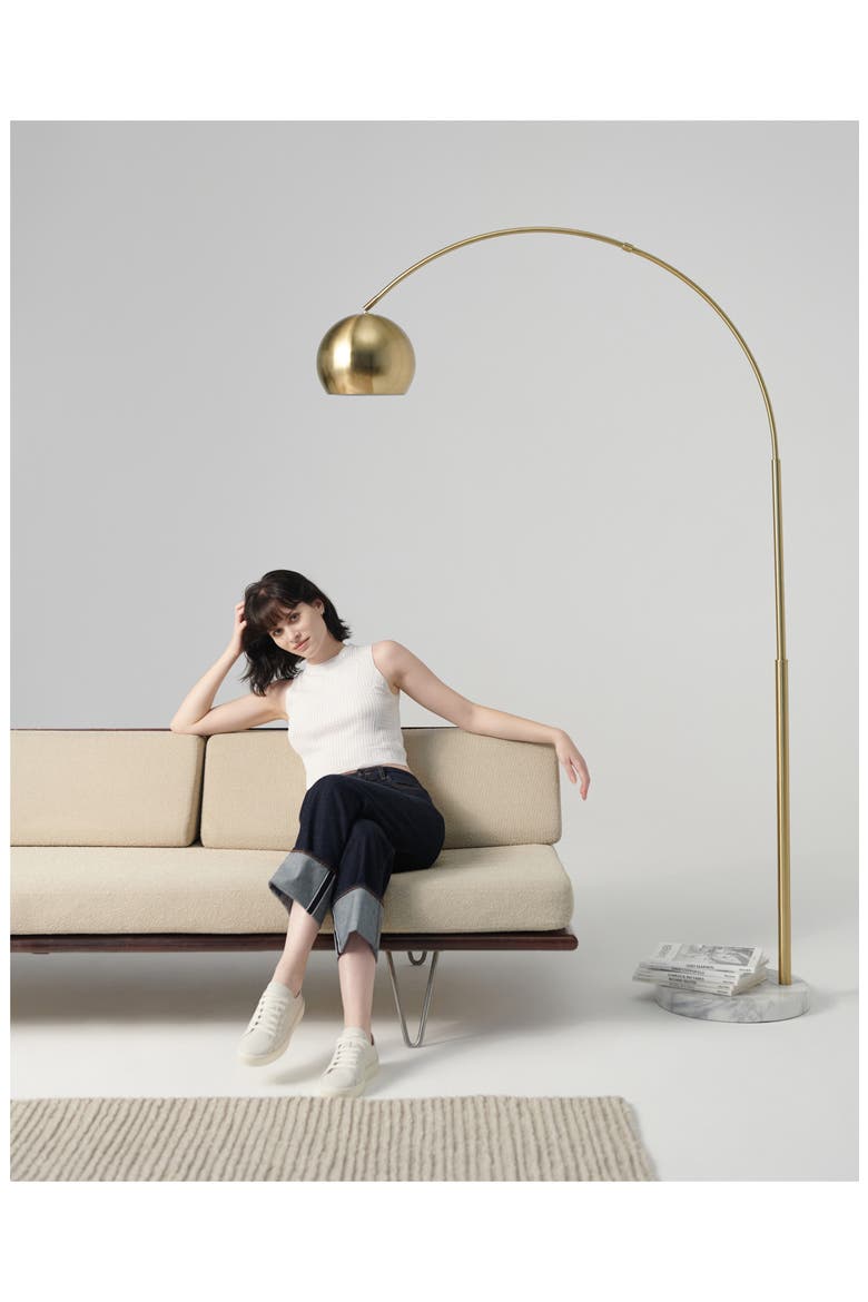 Olivia 75" Adjustable LED Floor Lamp with Metal Bowl Shade and Marble Base, Bulb Included, Alternate, color, BRASS