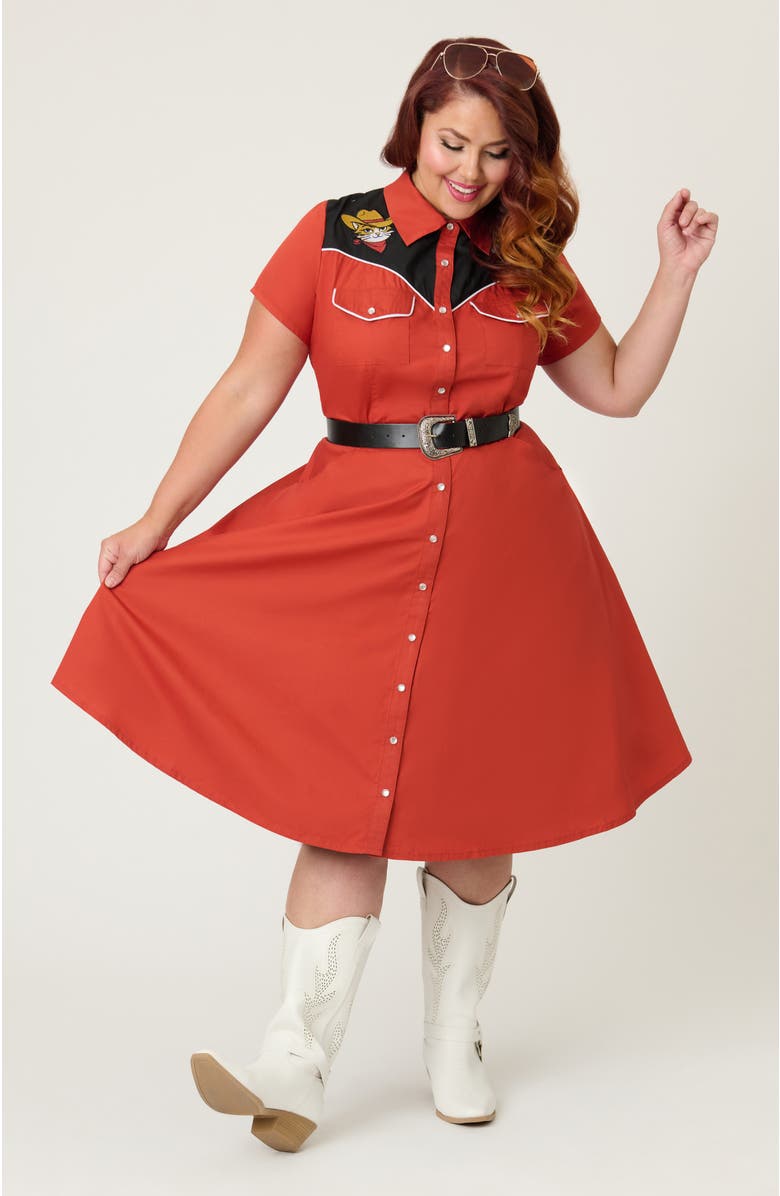 Smak Parlour Plus Size Embroidered Western Flare Dress, Alternate, color, Rust