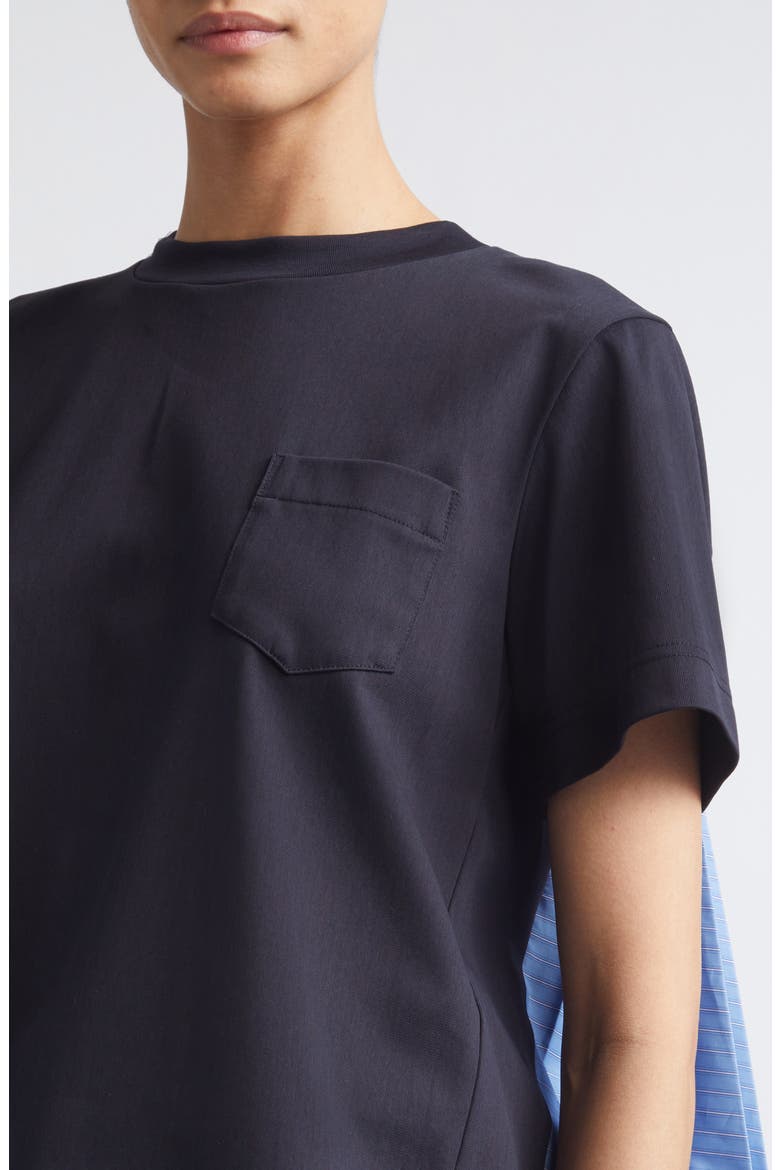 Mixed Media Pleated Poplin & Jersey Pocket T-Shirt, Alternate, color, NAVY/ BLUE STRIPE