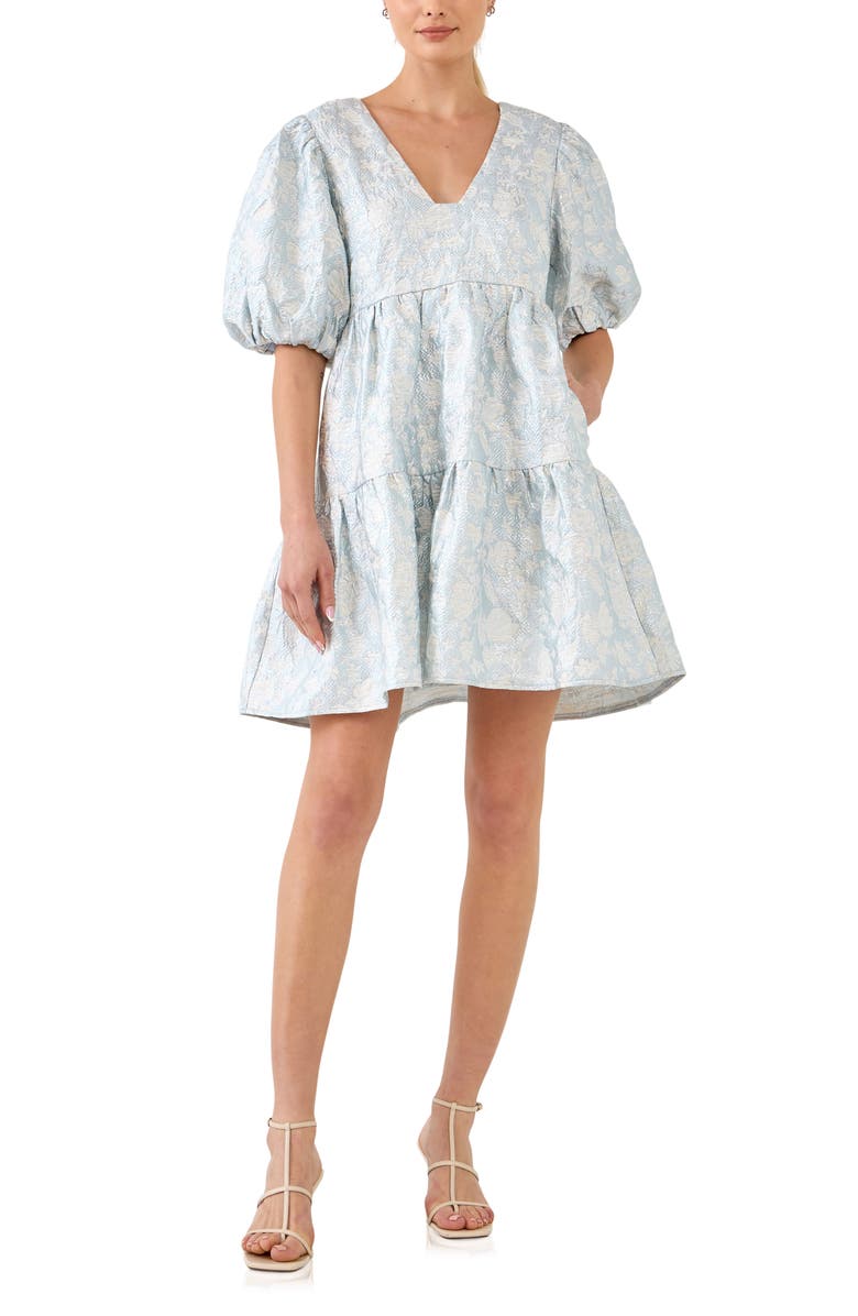 Endless Rose Floral Jacquard Puff Sleeve Dress, Main, color, Blue