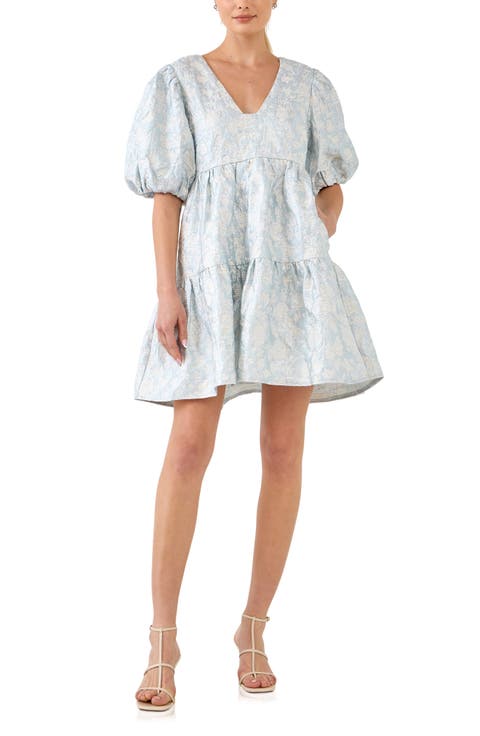 Floral Jacquard Puff Sleeve Dress