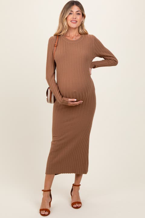 Ribbed Knit Fitted Midi Sweater Dress