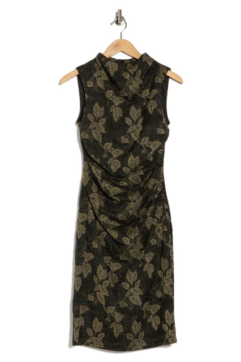 Metallic Leaf Print Bodycon Dress, Alternate, color, BLACK GOLD
