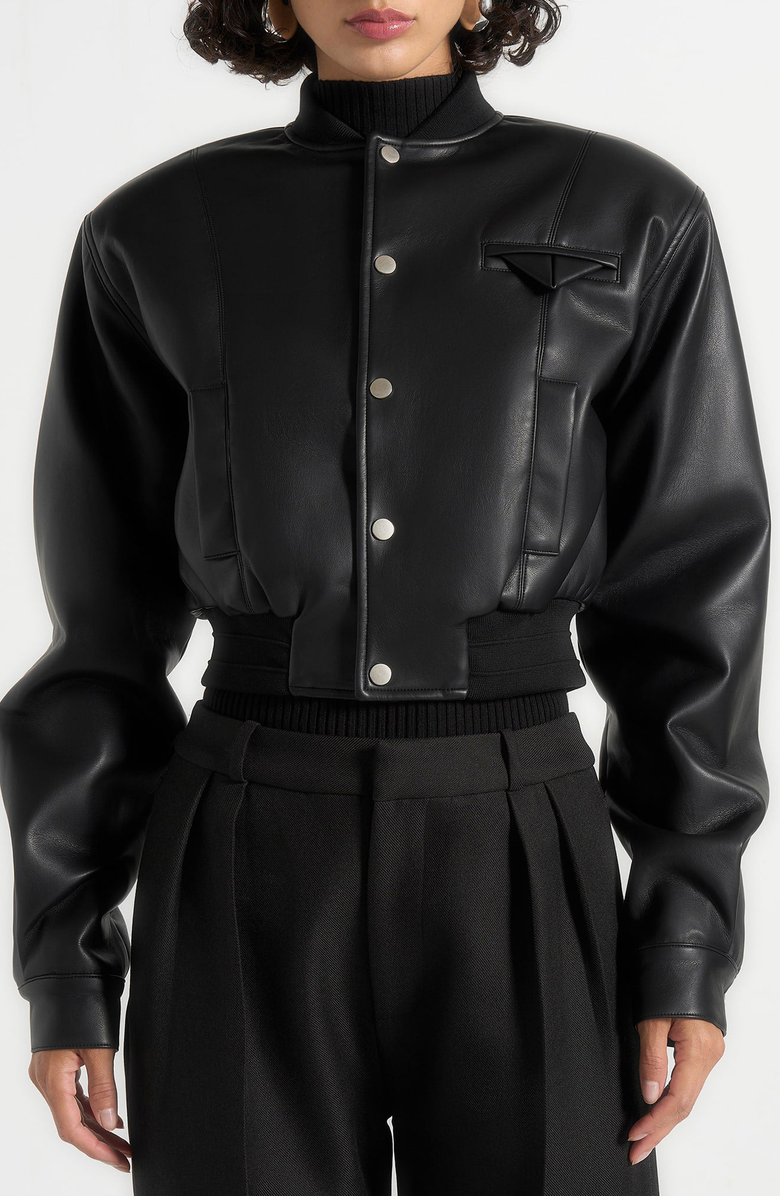 Manière De Voir Zina Leather Wide Shoulder Bomber Jacket, Alternate, color, Black