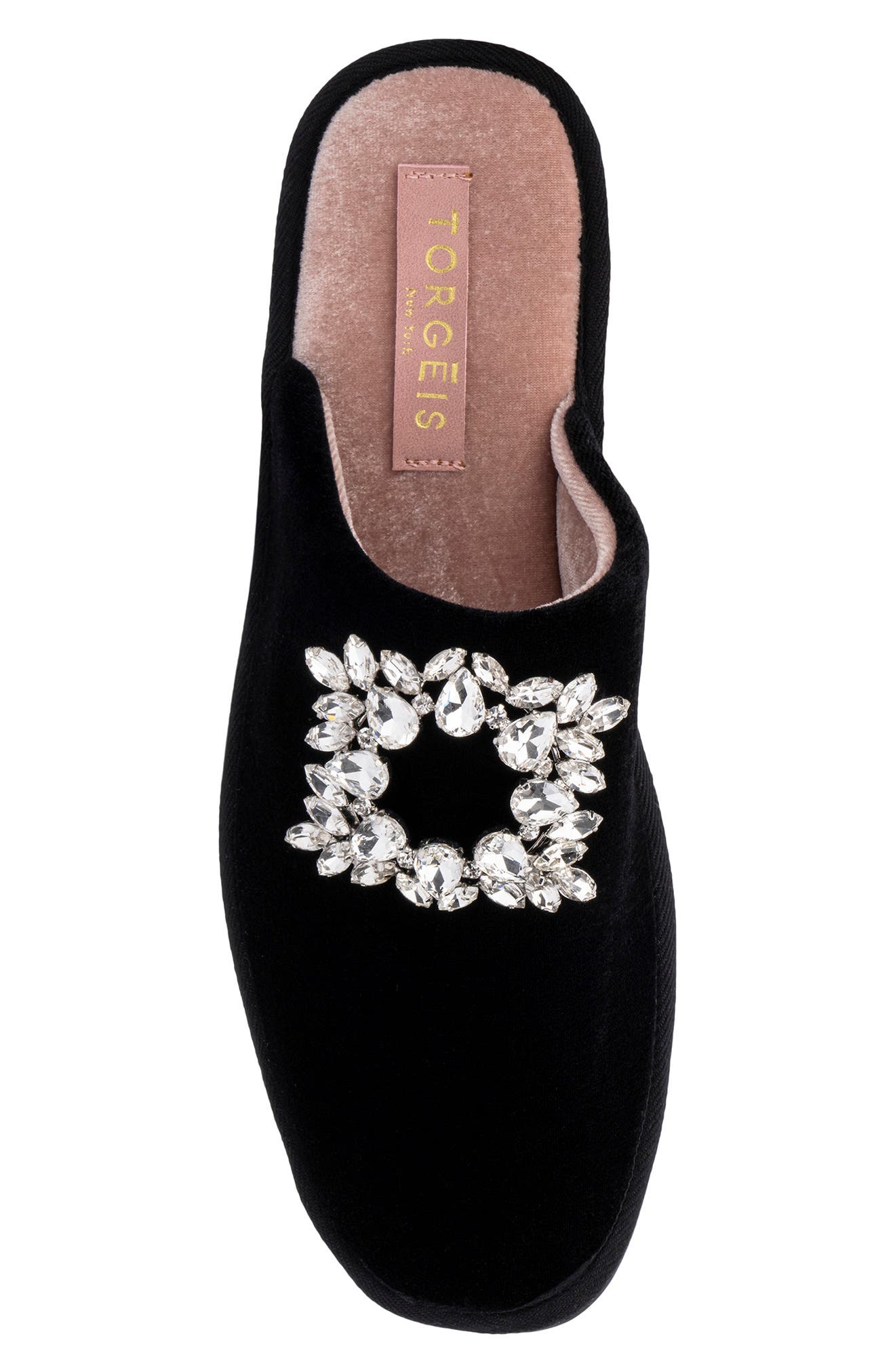 TORGEIS Pippa Rhinestone Embellished Velvet Slipper, Alternate, color, Black