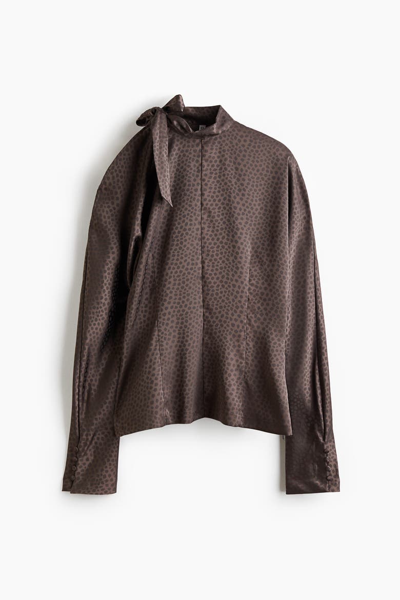 Jacquard-weave Bow-collar Blouse, Alternate, color, Dark taupe/dotted