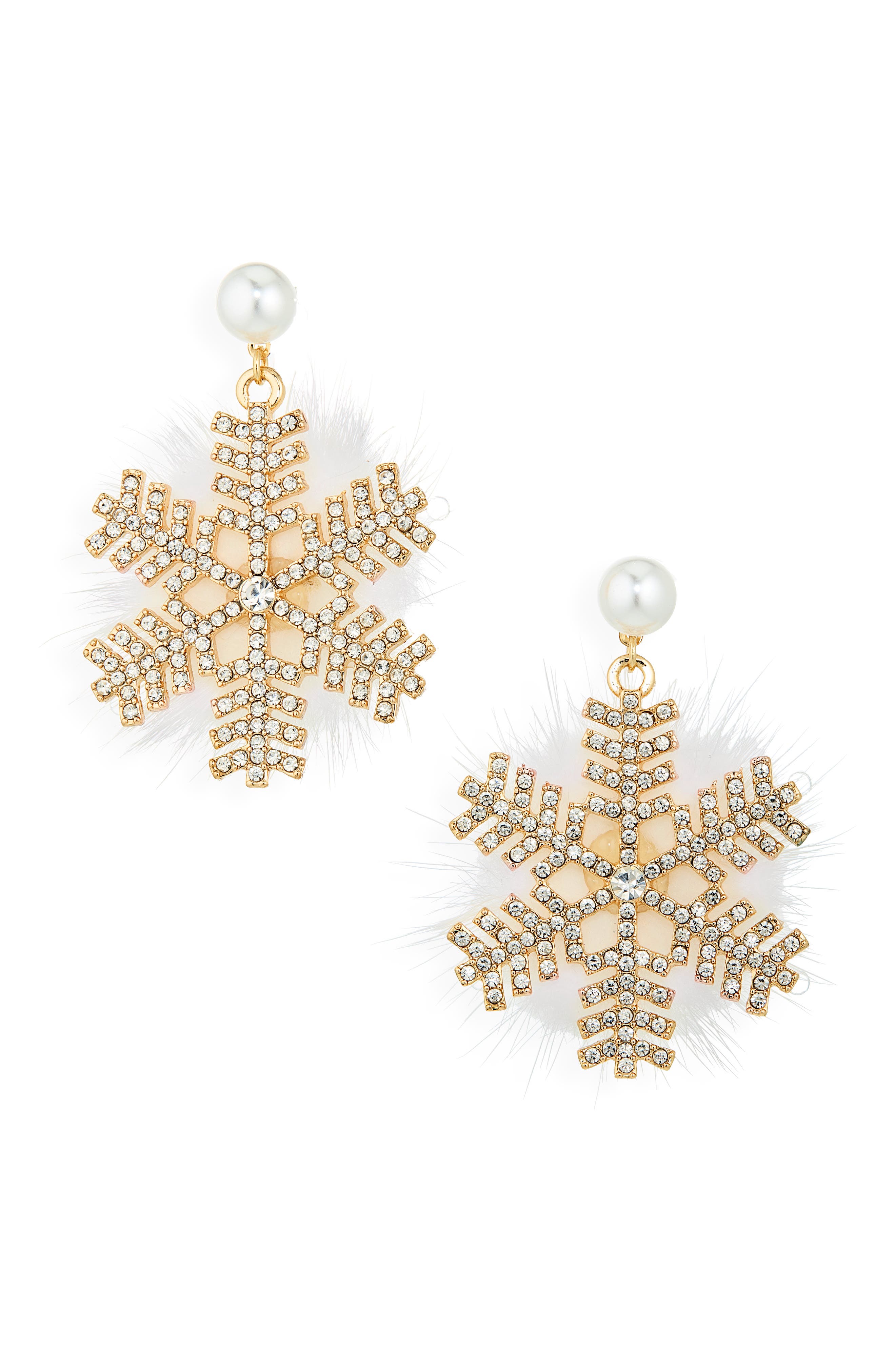Crystal Snowflake Fuzzy Drop Earrings