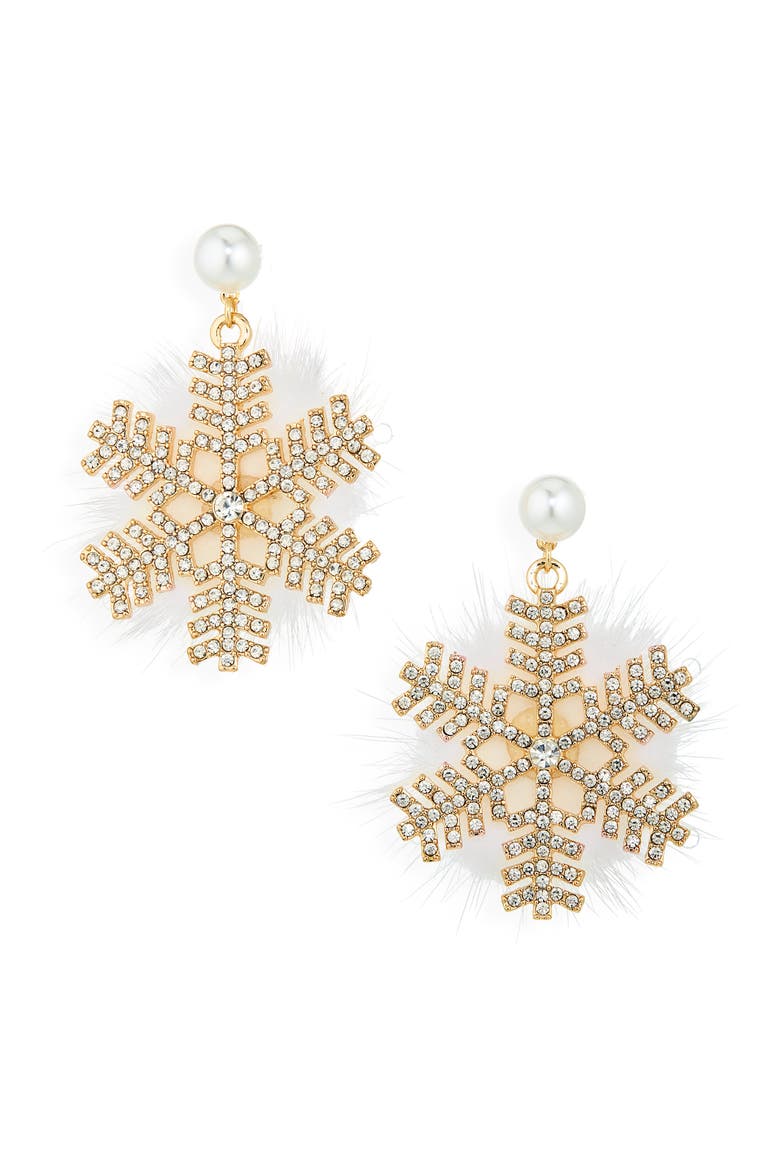 Crystal Snowflake Fuzzy Drop Earrings, Main, color, GOLD