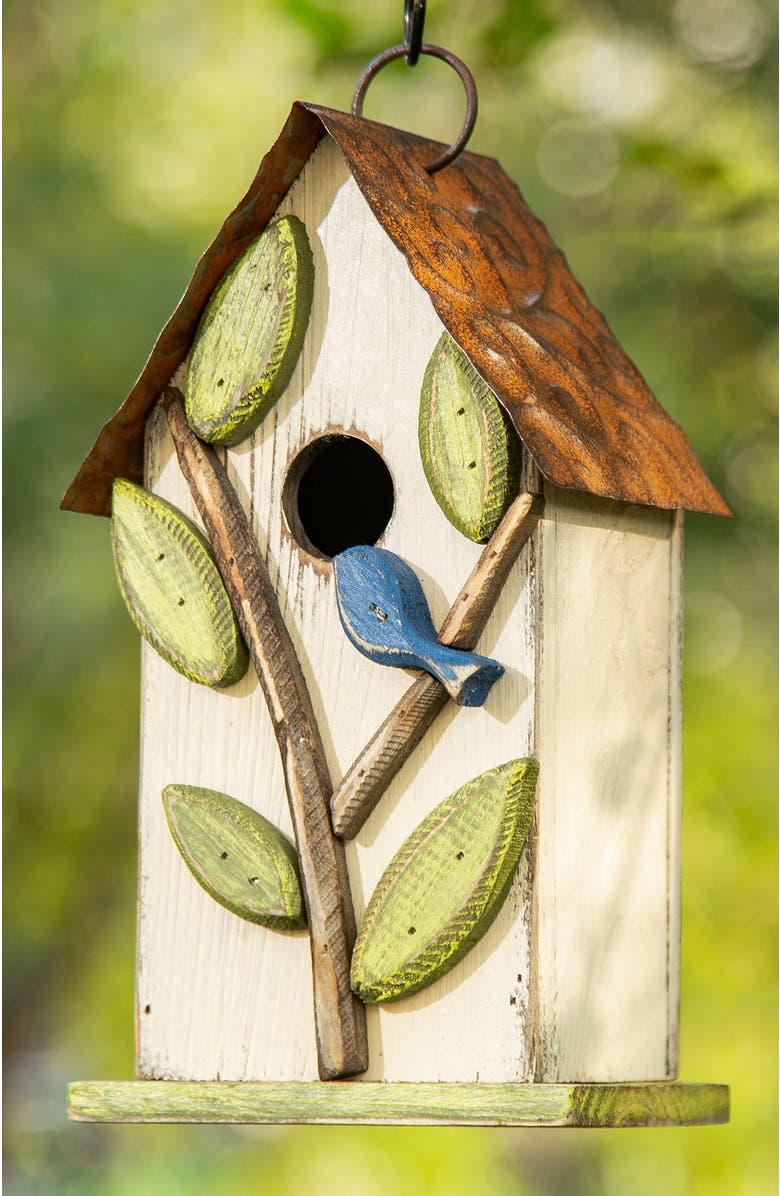 Glitzhome 10"H Multicolor Cute Distressed Solid Wood Birdhouse with 3D Flowers, Alternate, color, White