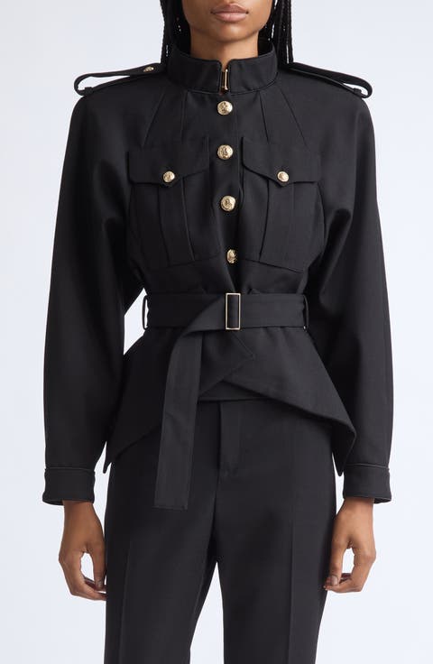 Belted Virgin Wool Gabardine Crop Jacket