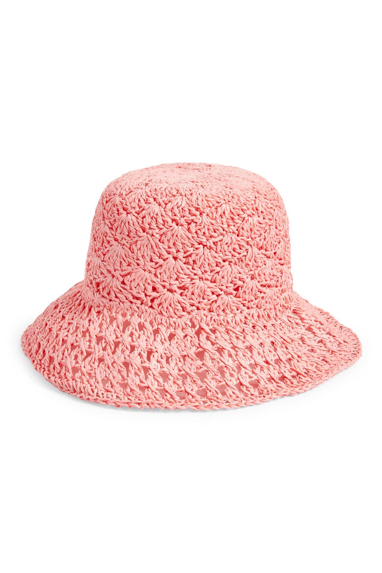 Straw Scallop Bucket Hat, Main, color, PINK ROSETTE