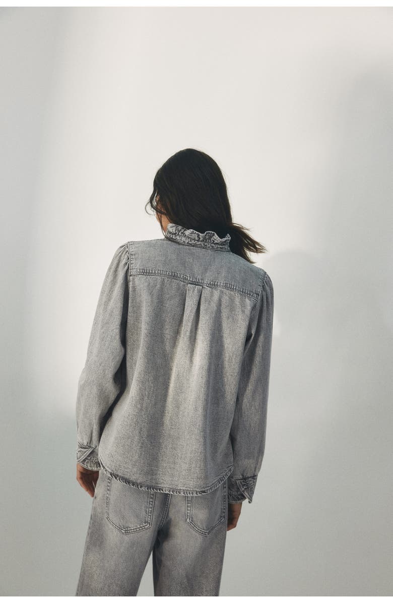 H&M Ruffle-trimmed denim blouse, Alternate, color, Gray