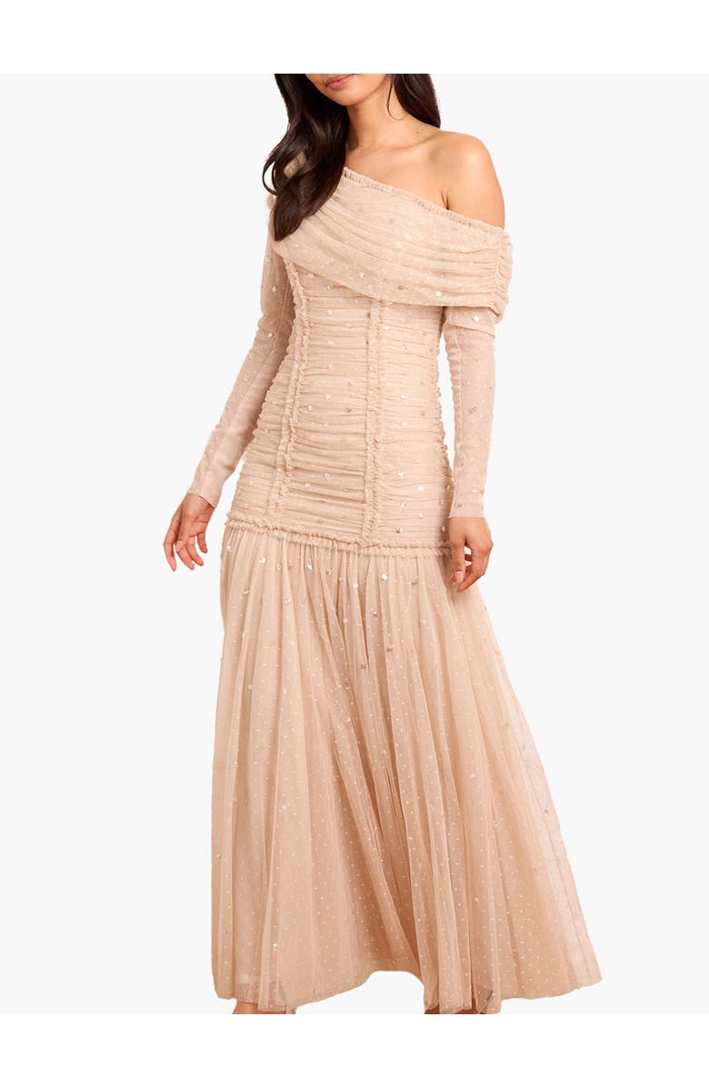 Needle & Thread Gigi Dot One-Shoulder Rouched Gown, Alternate, color, Beige