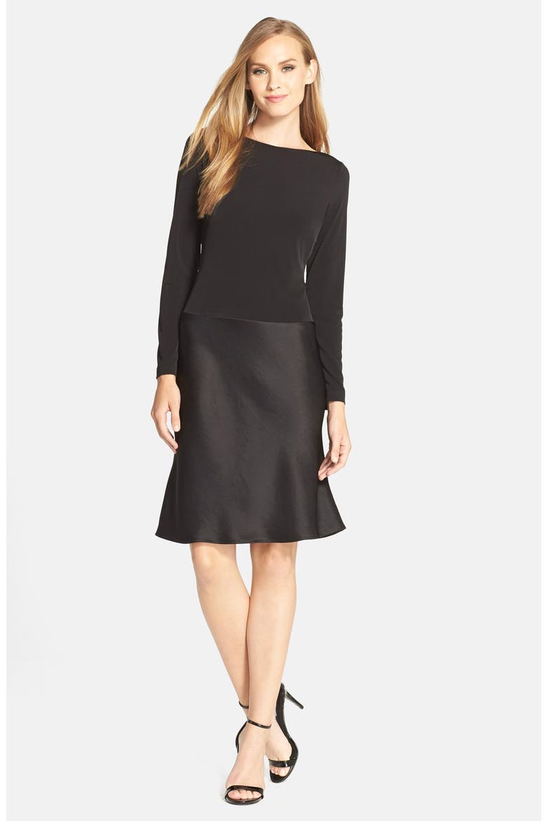 Jersey & Satin Drop Waist Dress, Alternate, color, RICH BLACK