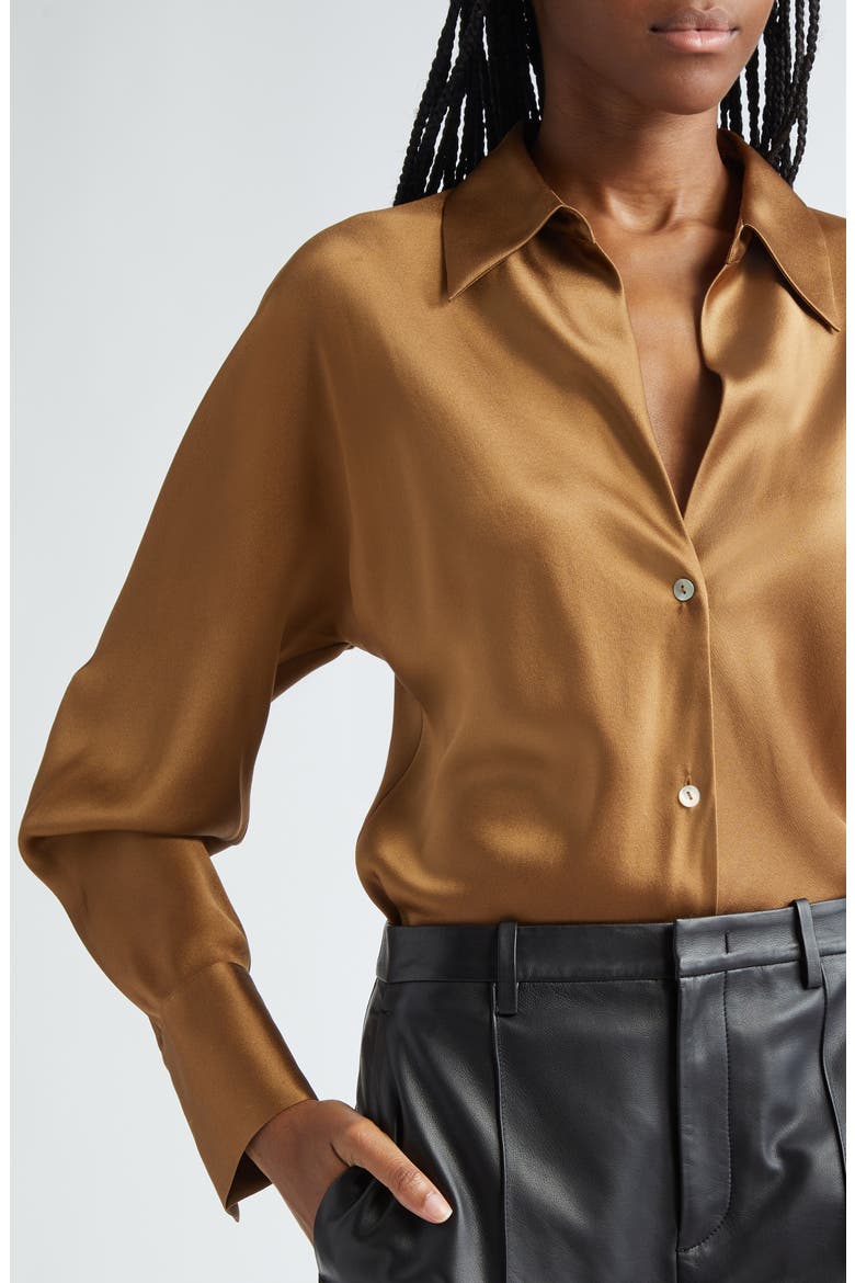 Silk Button-Up Shirt, Alternate, color, ALMOND