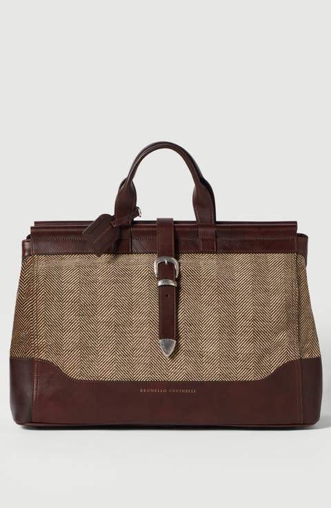 Burnished calfskin and chevron-effect techno fabric doctor bag