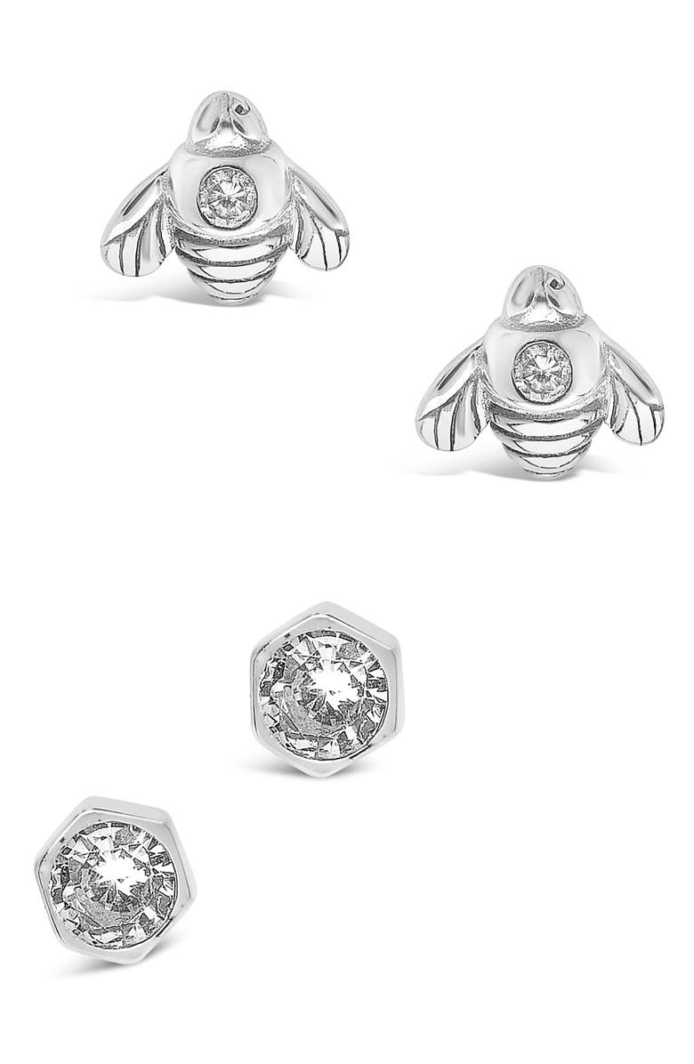 Sterling Forever Set of 2 Bee Stud Earrings, Main, color, Silver