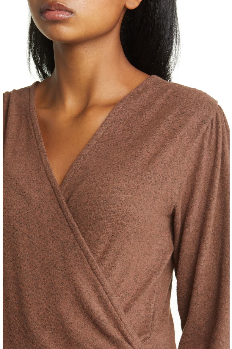 Long Sleeve Faux Wrap Top, Alternate, color, CHOCOLATE