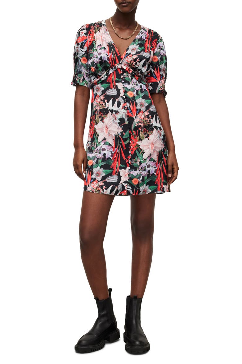 Demi Leondra Floral Satin Dress, Main, color, BLACK MULTI