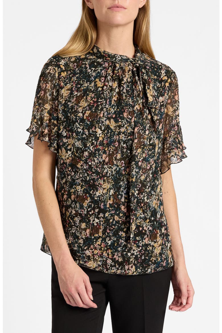 Athena Blouse with Short Flutter-Sleeves in Abstract Floral Print, Main, color, Evergreen Multi