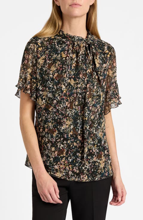 Athena Blouse with Short Flutter-Sleeves in Abstract Floral Print