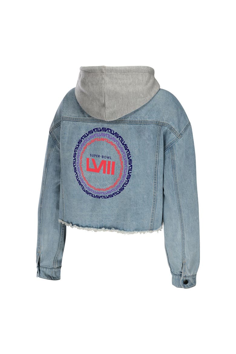 Women's WEAR by Erin Andrews Denim Super Bowl LVIII Cropped Hoodie Full-Snap Jacket, Alternate, color, Denim