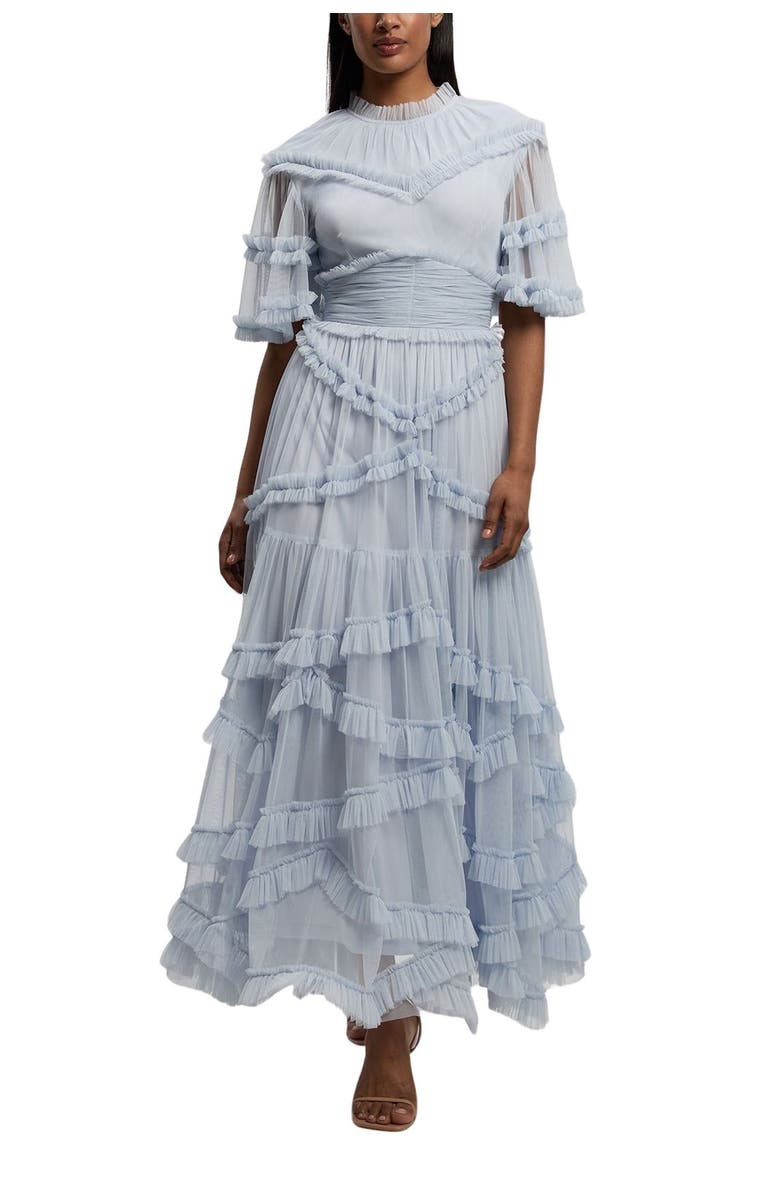 Karen Millen Tulle Ruffle Detail Woven Maxi Dress, Alternate, color, Ice Blue