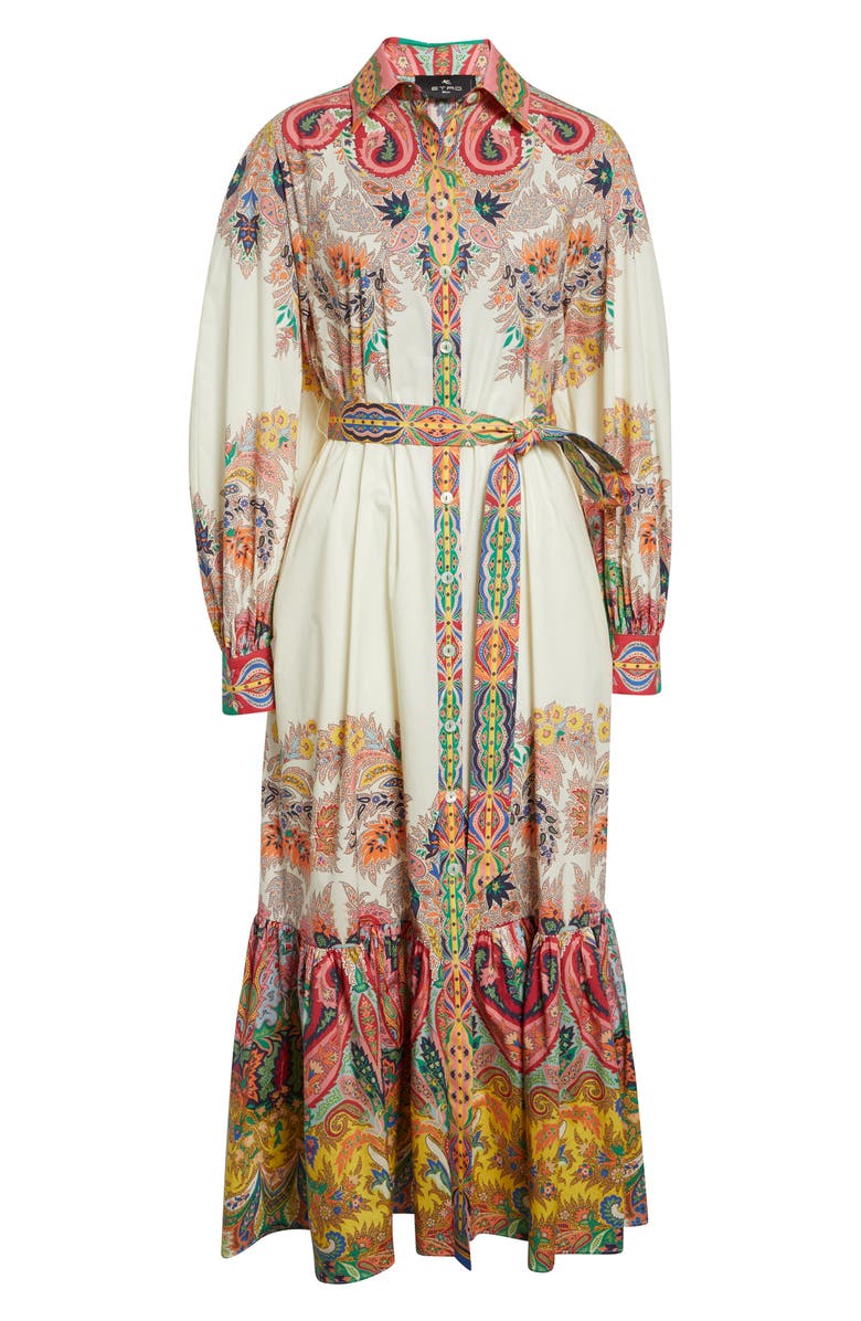 Etro Placed Paisley Long Sleeve Belted Midi Shirtdress, Alternate, color, Print On White Base