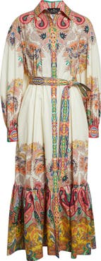 Etro Placed Paisley Long Sleeve Belted Midi Shirtdress