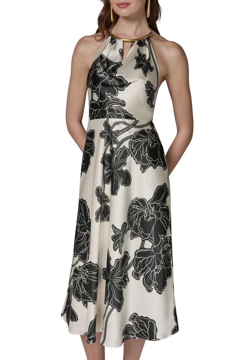 Floral Midi Dress, Alternate, color, CREAM/ BLACK