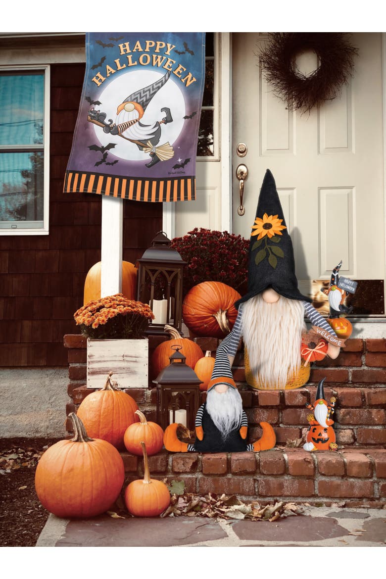Gnome Standing on Jack O' Lantern "Happy Halloween" Small Figurine, 7", Alternate, color, Orange