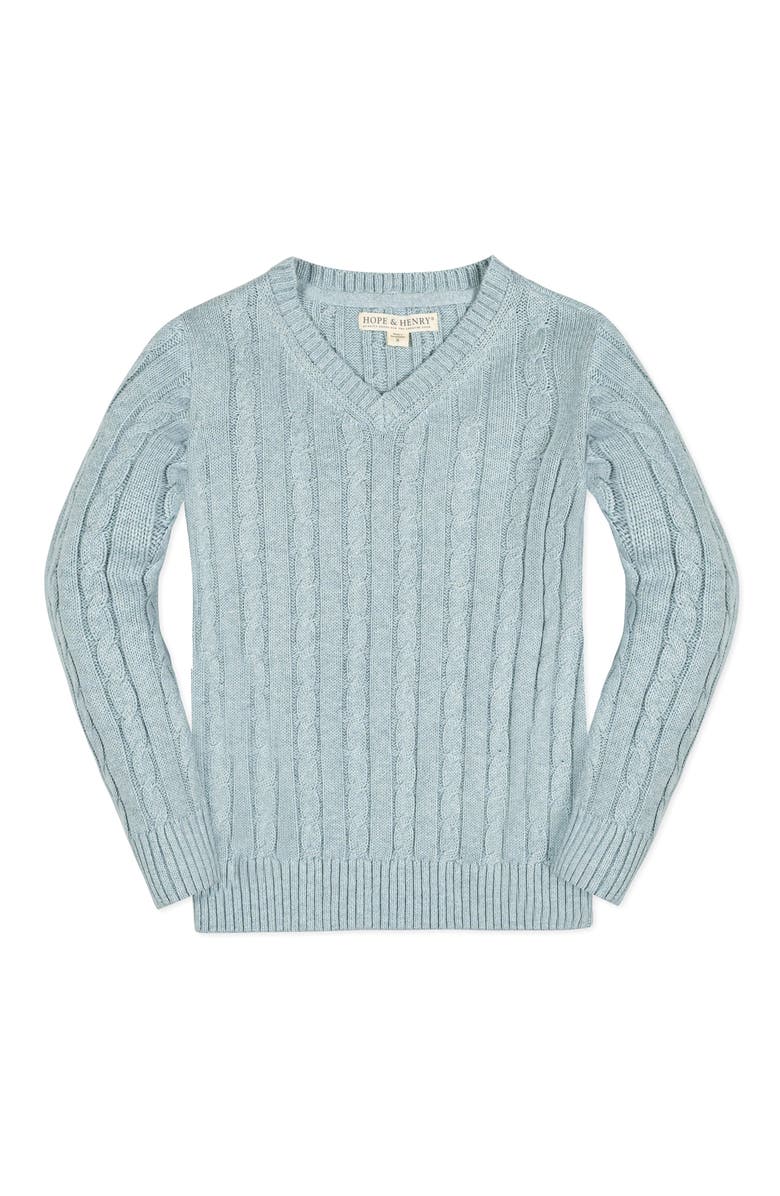Hope & Henry Organic Long Sleeve Fine Gauge Cable V-Neck Sweater, Main, color, Dusty Blue Heather Cable