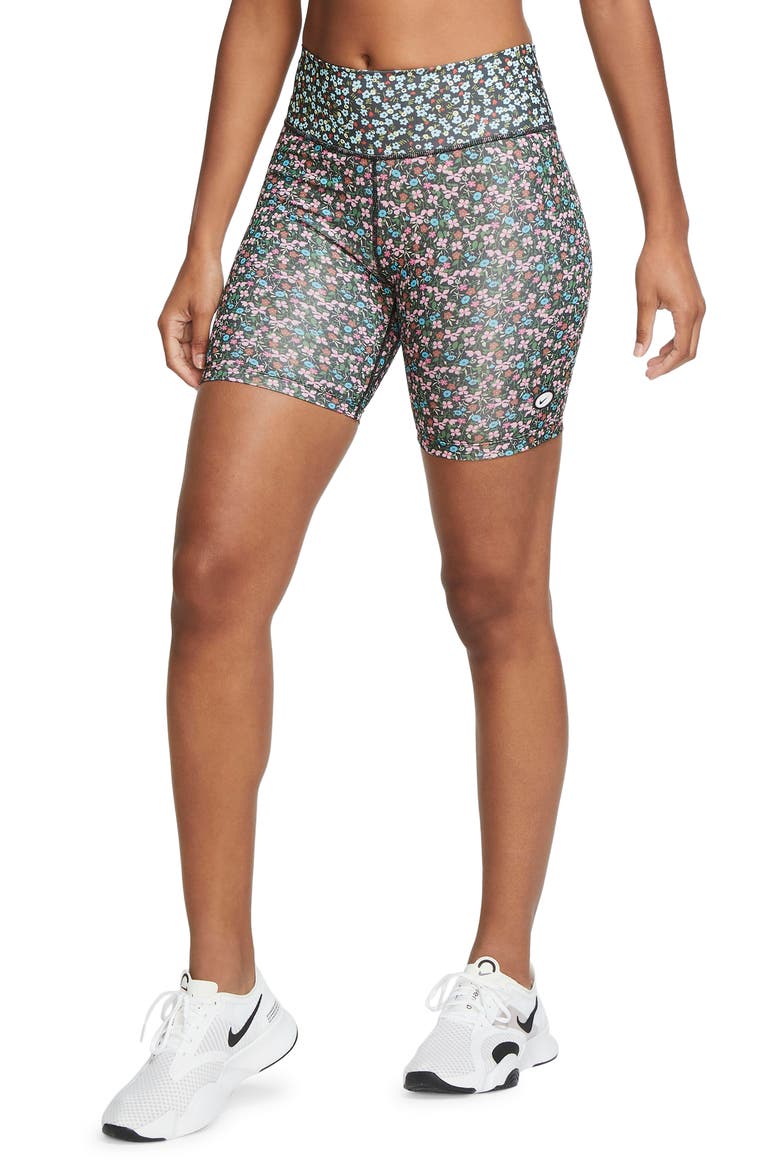 One Ditsy Floral Dri-FIT Bike Shorts, Main, color, FIREWOOD ORANGE/ ICE/ BLACK