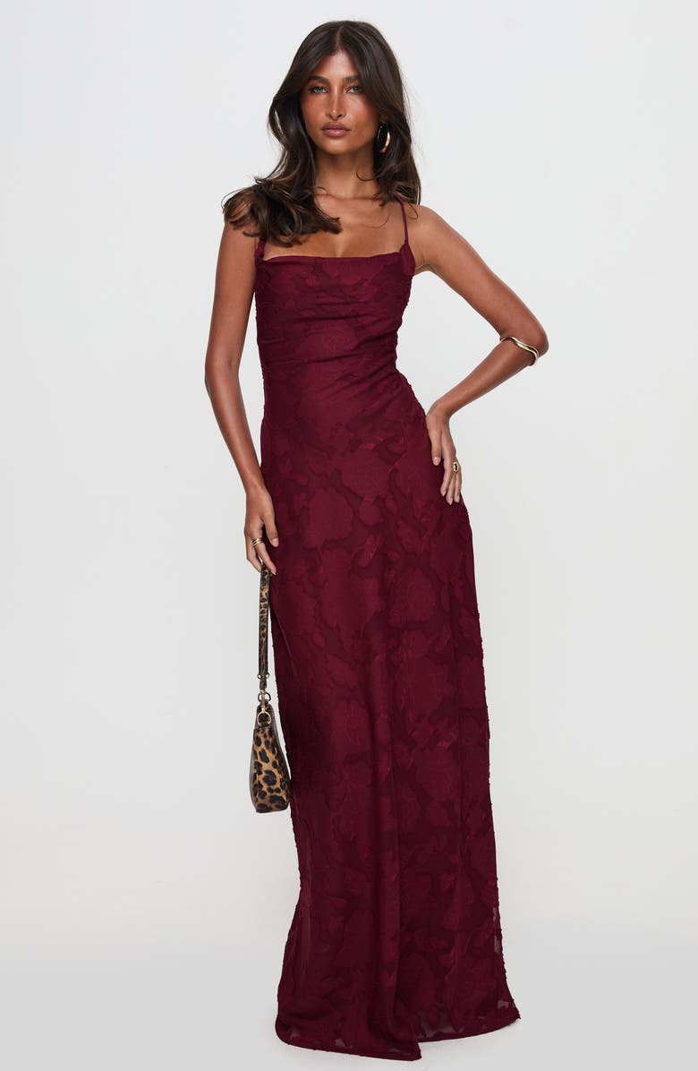 Princess Polly Celina Floral Jacquard Strappy Back Gown, Alternate, color, Burgundy Burnout