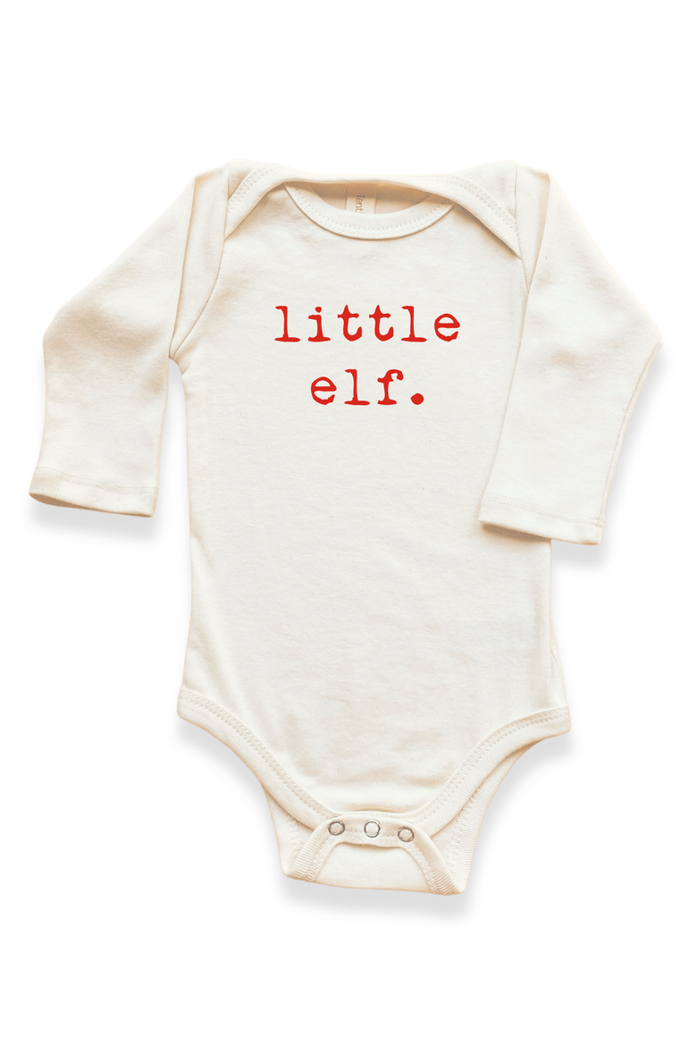 Little Elf - Organic Long Sleeve Baby Bodysuit, Main, color, Natural Red Lettering