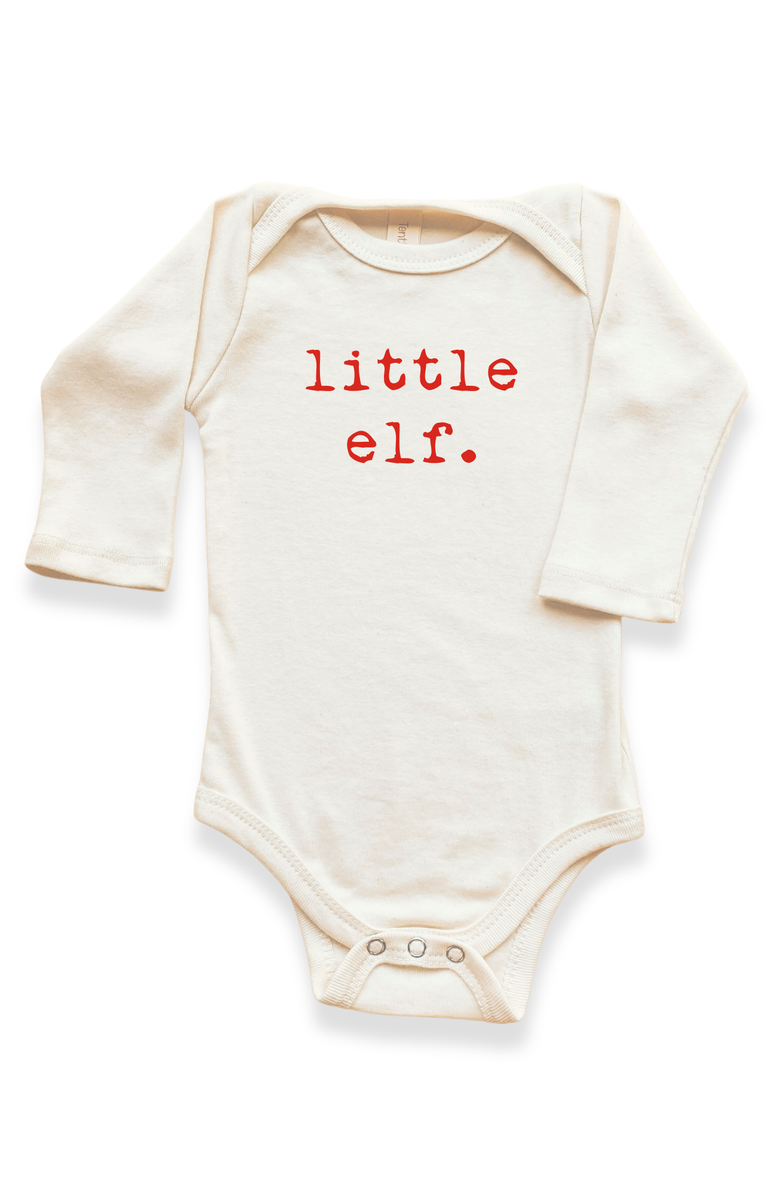 Tenth & Pine Little Elf - Organic Long Sleeve Baby Bodysuit, Main, color, Natural Red Lettering