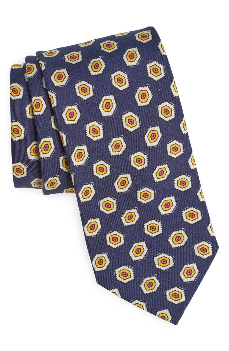 Drake's Hexason Geometric Print Silk Tie, Main, color, Navy/ Yellow/ Red