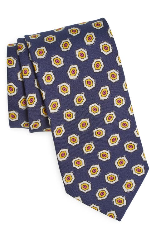 Drake's Hexason Geometric Print Silk Tie in Navy/Yellow/Red 