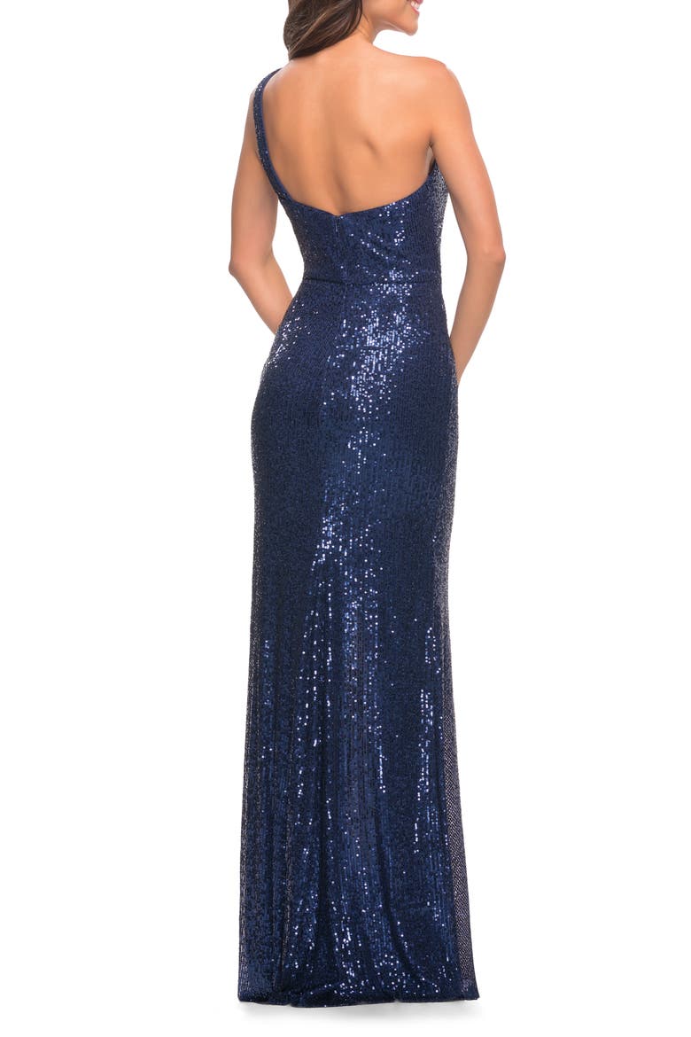Long Sequin One Shoulder Ruched Prom Dress, Alternate, color, Navy