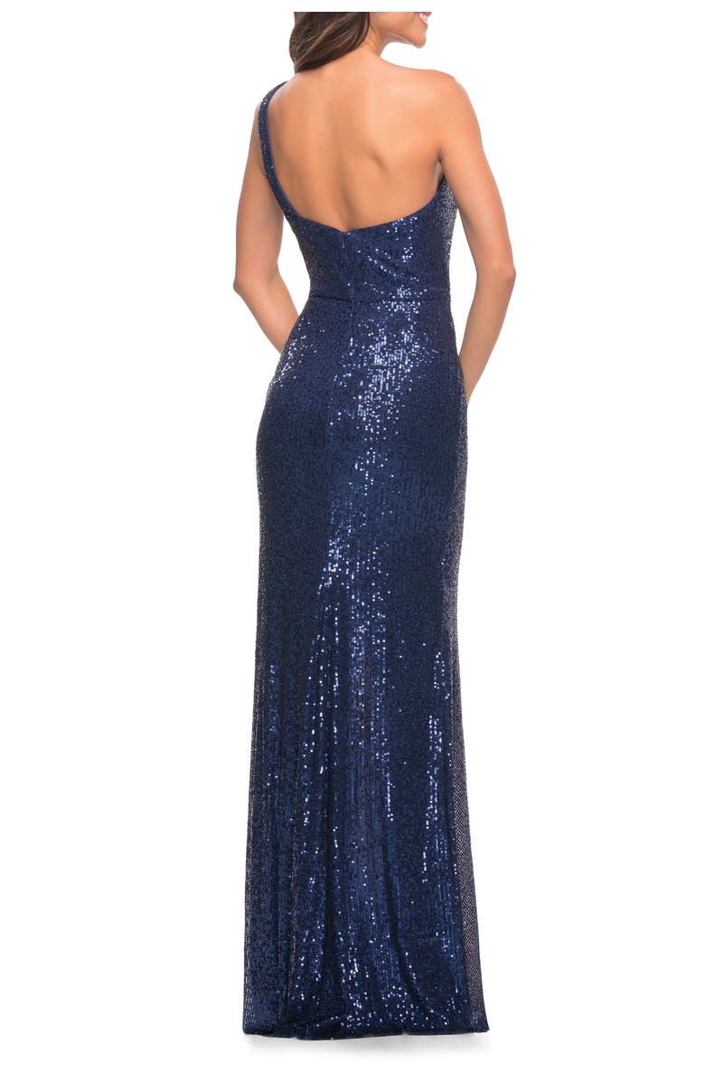 La Femme Long Sequin One Shoulder Ruched Prom Dress, Alternate, color, Navy