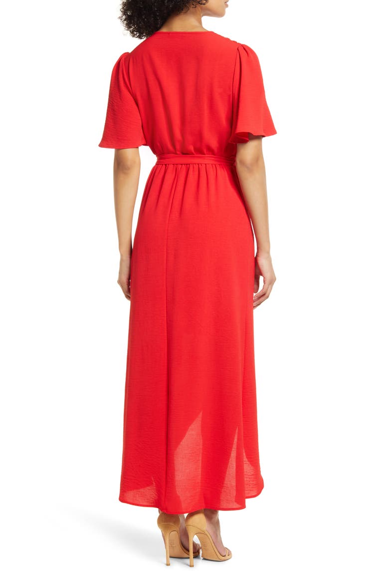 Flutter Sleeve Faux Wrap Maxi Dress, Alternate, color, TOMATO