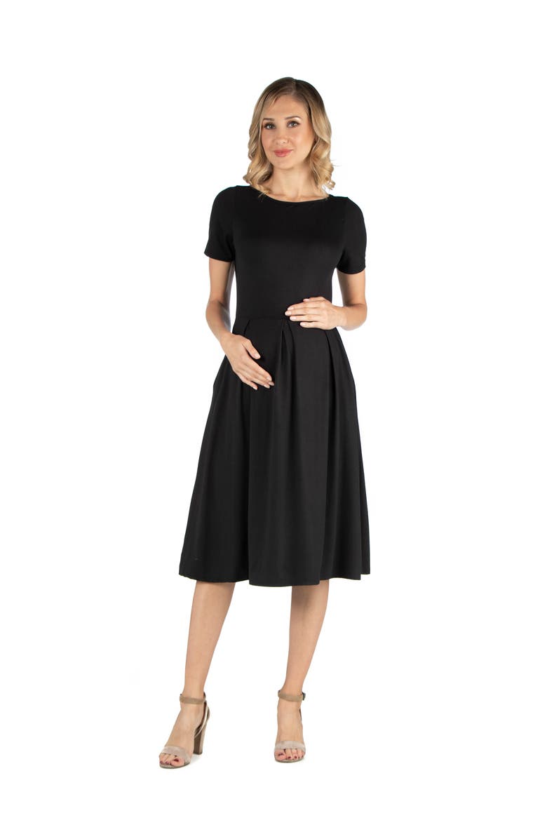 24seven Comfort Apparel Maternity Midi Dress with Short Sleeve and Pocket Detail, Main, color, Black