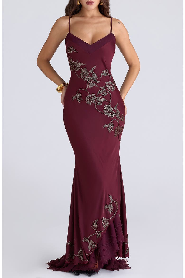 Anastelle Embellished Satin Mermaid Gown, Main, color, PLUM