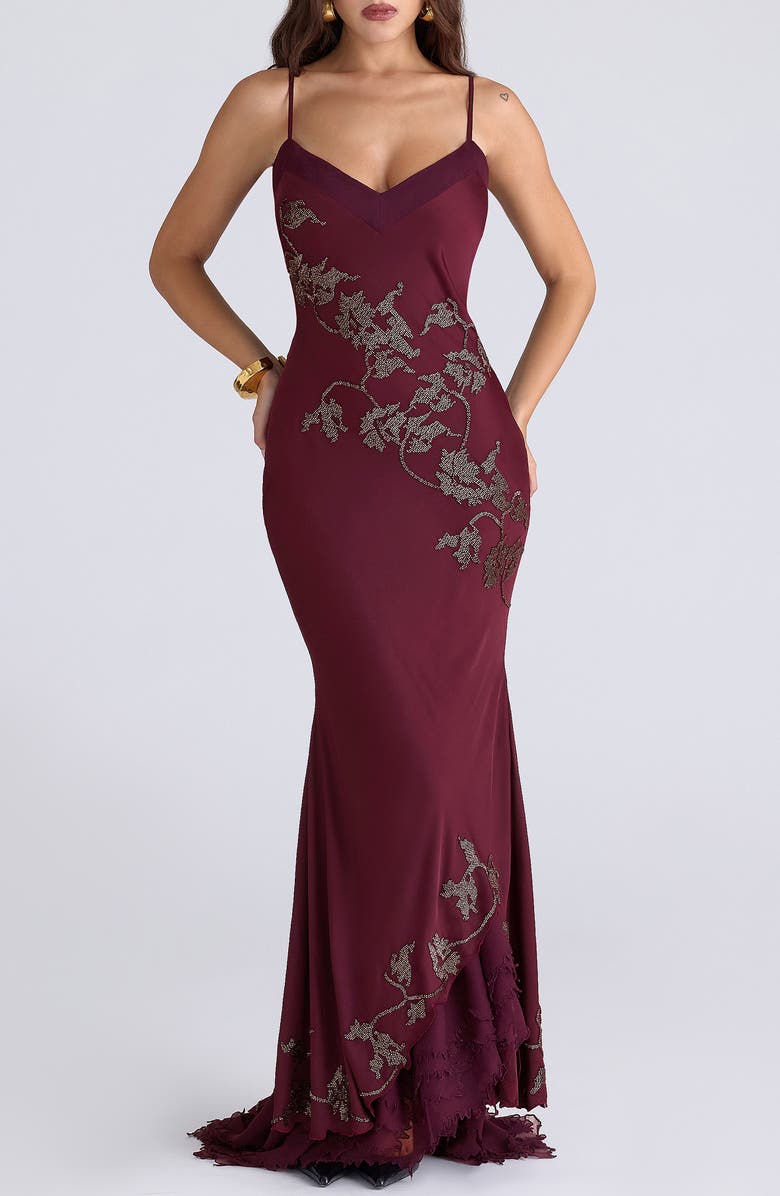 HOUSE OF CB Anastelle Embellished Satin Mermaid Gown, Main, color, Plum