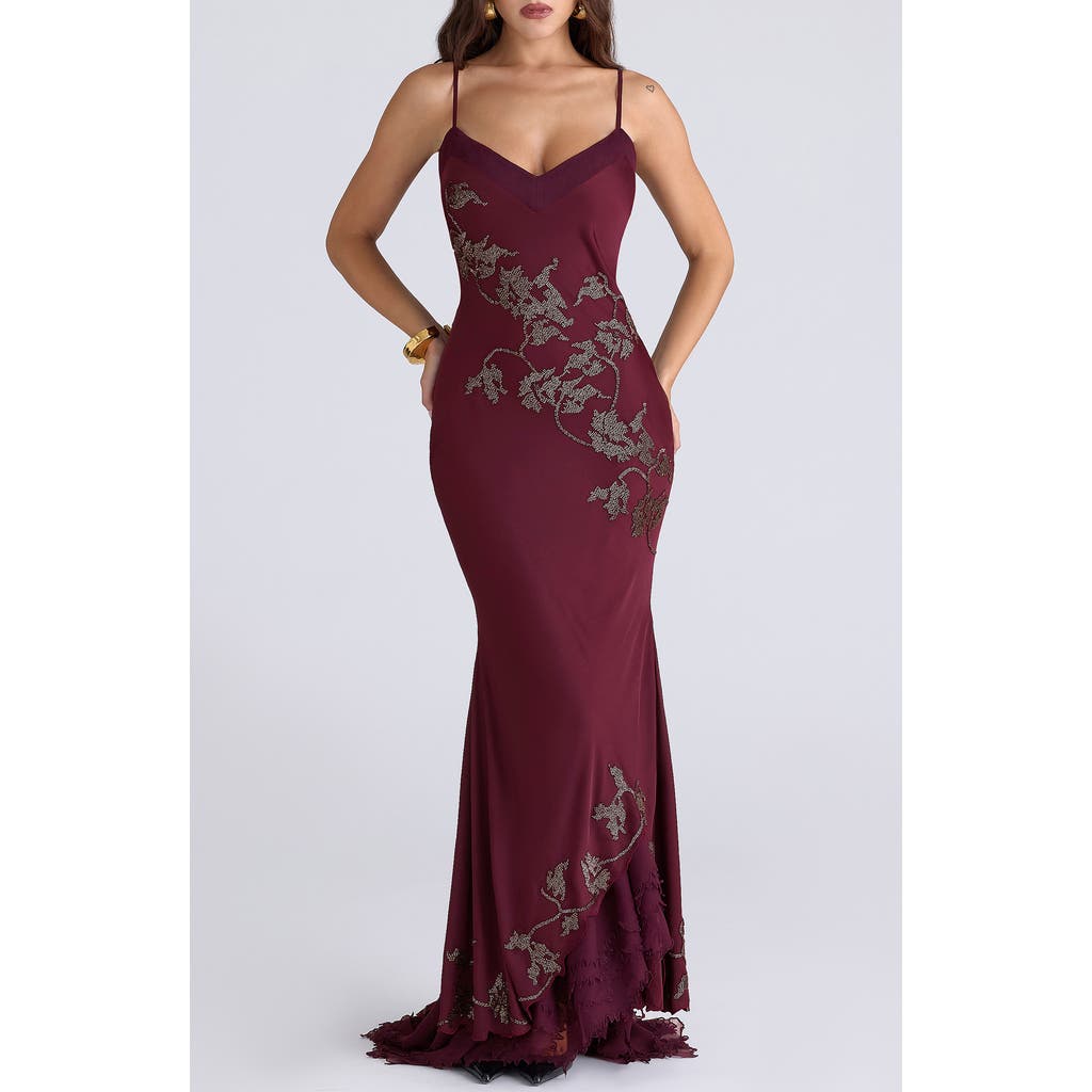 House Of Cb Anastelle Embellished Satin Mermaid Gown In Purple