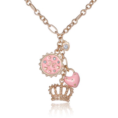 Gold-Tone Layered Charm Necklace with Pink Enamel Accents